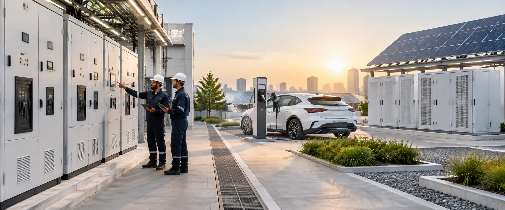 Electrical engineers inspecting modern switchgear beside EV charging, solar power and energy storage systems